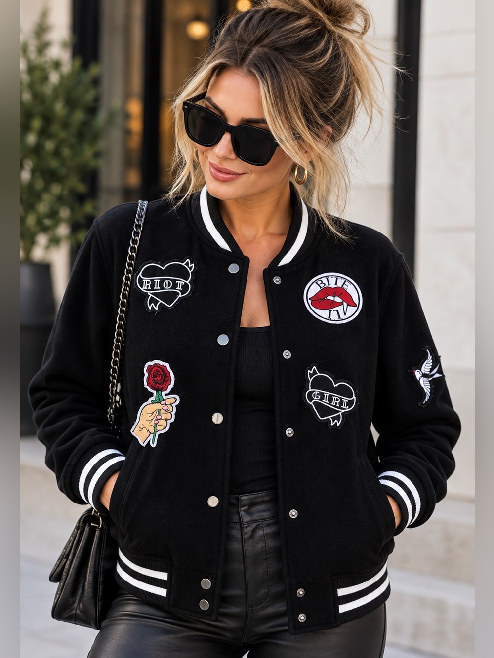 H&M Divided XS Black Varsity Bomber Jacket Y2K Punk Graphic Patches Snap Front
